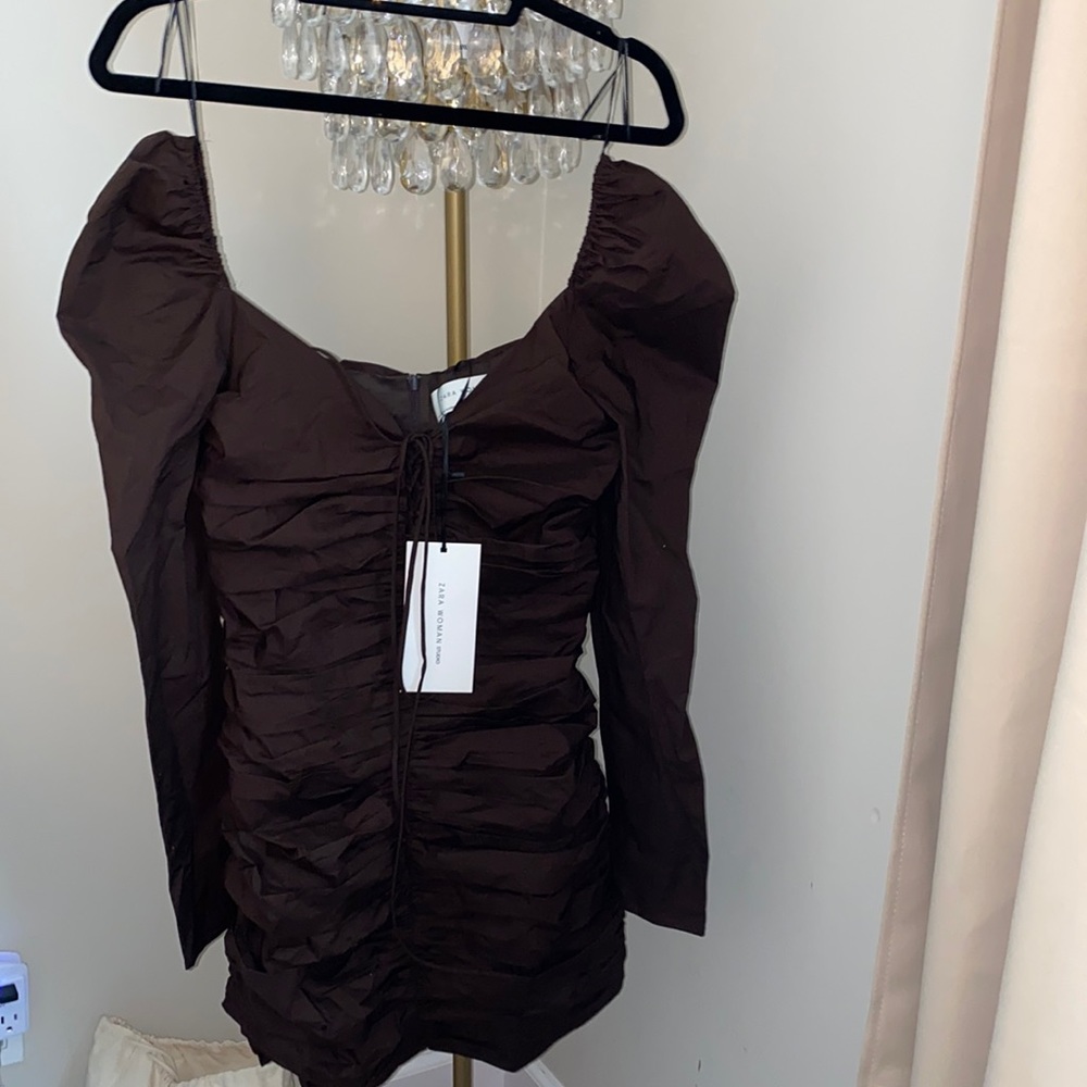 ruched brown long sleeve mini dress NWT XS